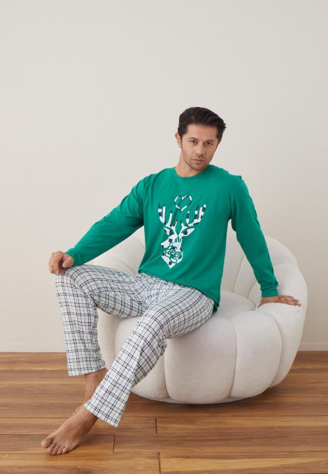 Pijama barbati Craciun , maneca lunga ,pantaloni lungi,Culoare Verde ,Engros